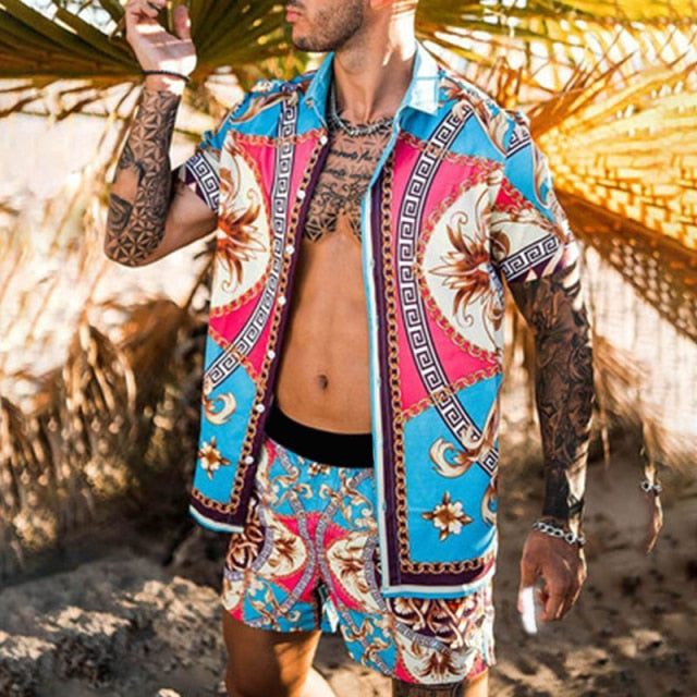 Men‘s Sets Short Sleeve Hawaiian Shirt And Shorts Summer Printing Casual Shirt Beach Two Piece Suit 2021 New Fashion Clothing