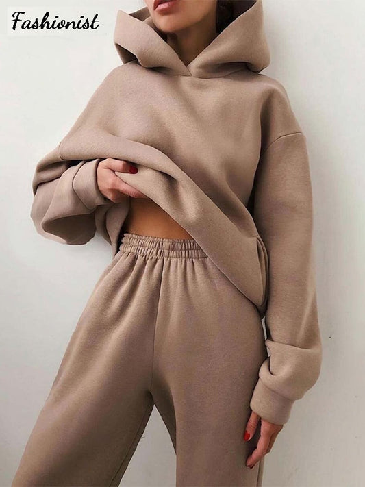 Women Elegant Solid Sets For Women Warm Hoodie Sweatshirts And Long Pant Fashion Two Piece Sets Ladies